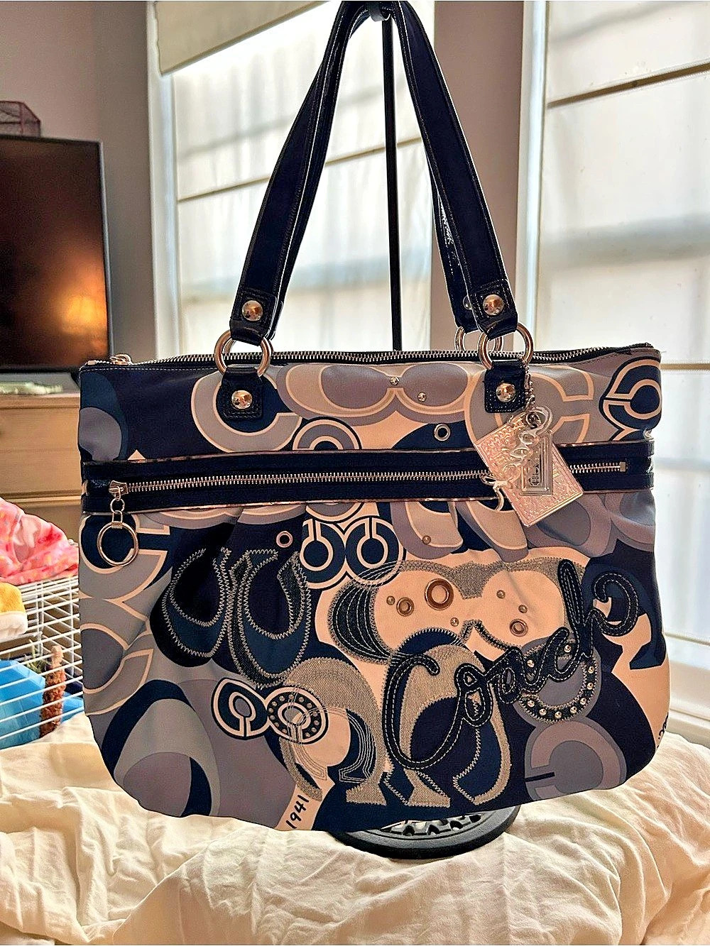 Coach Signature Stripe Tote Signature Shoulder Bag Blue